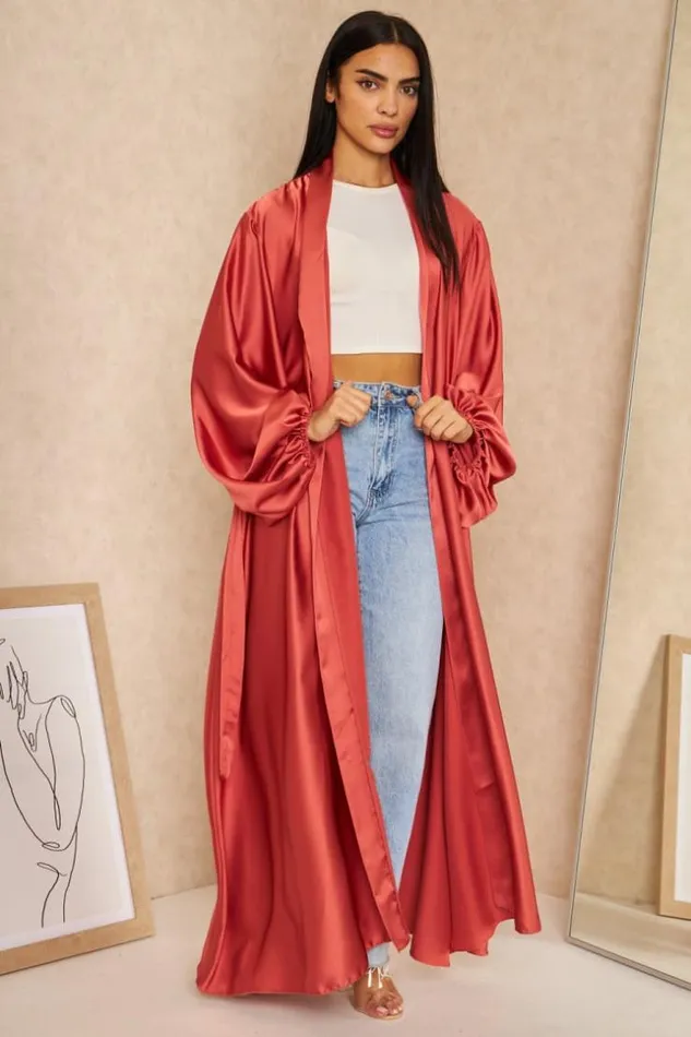 Women Kimono Long Satin Ceintur Vieux Rose Pink Brentiny Paris Jackets