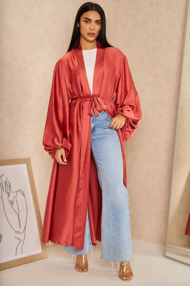 Women Kimono Long Satin Ceintur Vieux Rose Pink Brentiny Paris Jackets