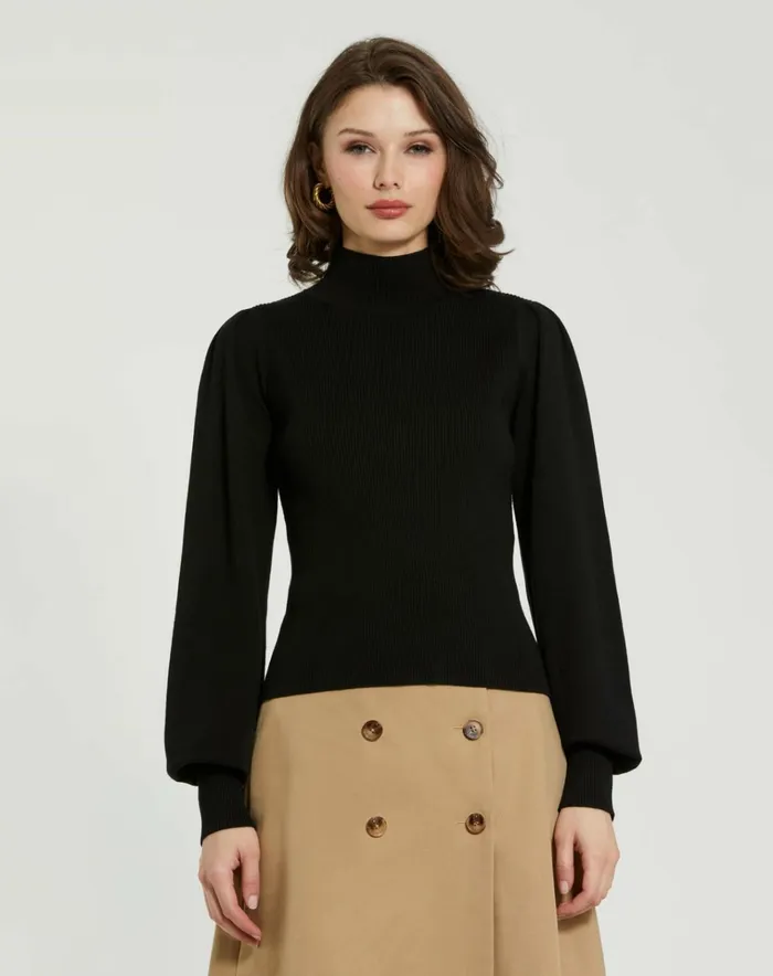Women Knitwear Mac Duggal Black Ribbed Knit Balloon Sleeve Turtle Neck Sweater 8211 FINAL SALE Black