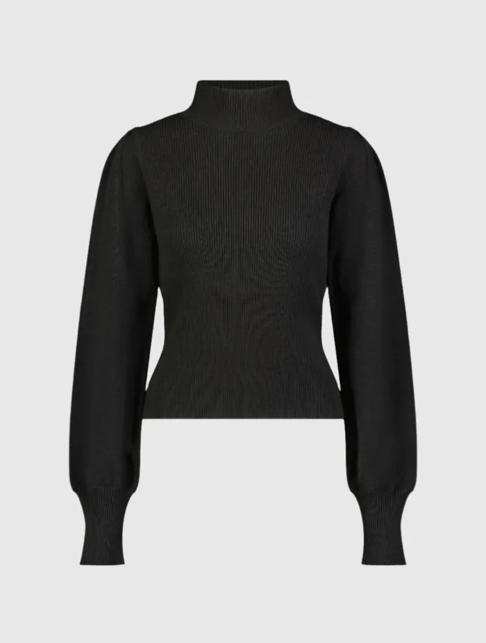 Women Knitwear Mac Duggal Black Ribbed Knit Balloon Sleeve Turtle Neck Sweater 8211 FINAL SALE Black