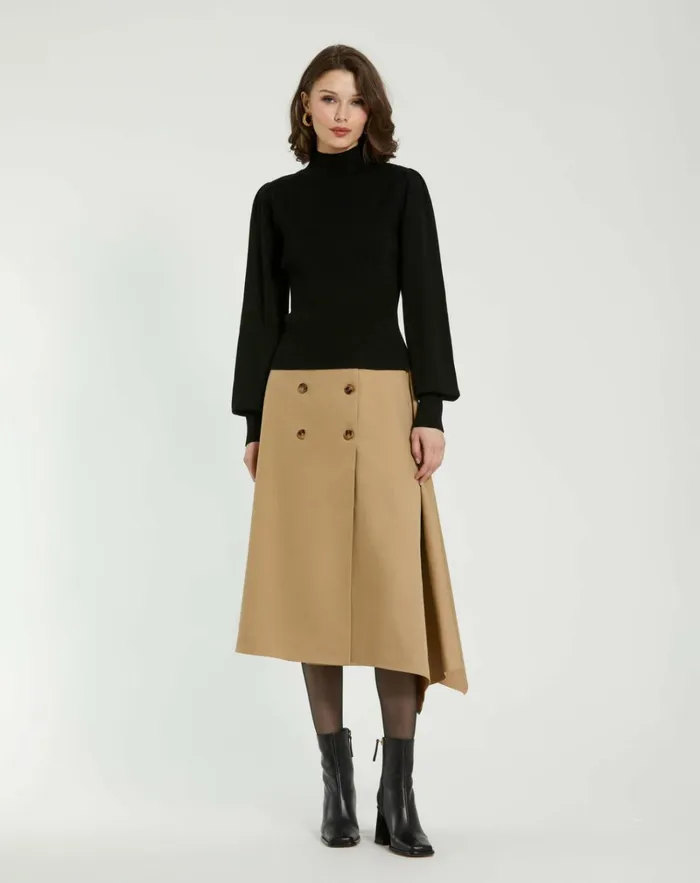 Women Knitwear Mac Duggal Black Ribbed Knit Balloon Sleeve Turtle Neck Sweater 8211 FINAL SALE Black