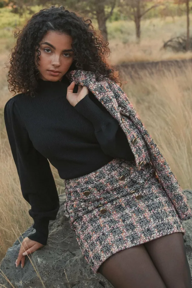 Women Knitwear Mac Duggal Black Ribbed Knit Balloon Sleeve Turtle Neck Sweater 8211 FINAL SALE Black