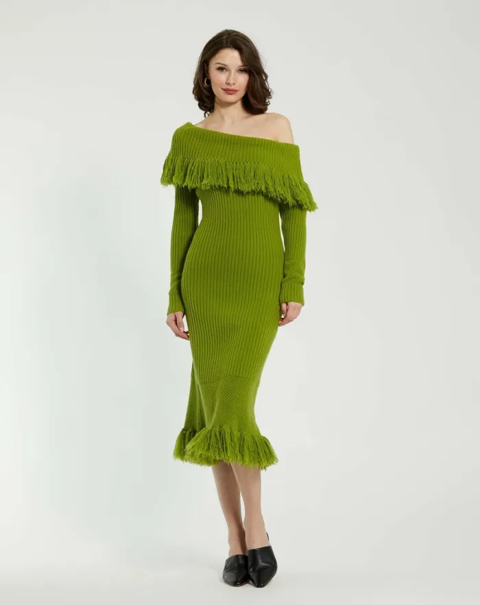 Women Knitwear Mac Duggal Off The Shoulder Fringe Long Sleeve Knit Dress Pear