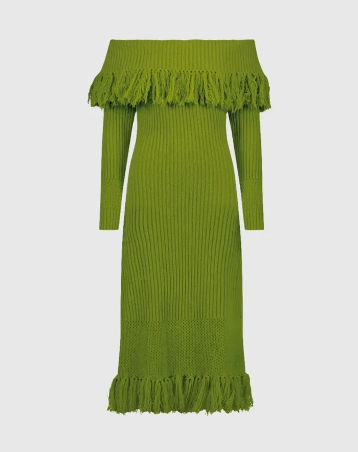 Women Knitwear Mac Duggal Off The Shoulder Fringe Long Sleeve Knit Dress Pear
