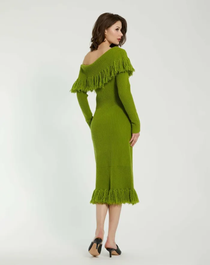Women Knitwear Mac Duggal Off The Shoulder Fringe Long Sleeve Knit Dress Pear
