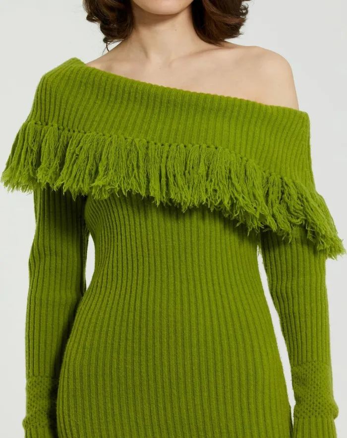 Women Knitwear Mac Duggal Off The Shoulder Fringe Long Sleeve Knit Dress Pear