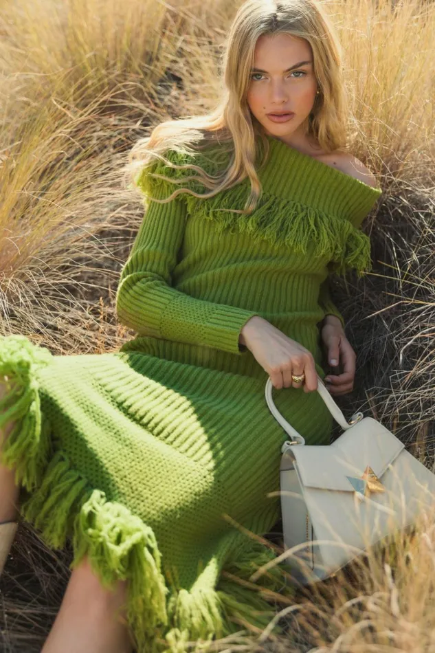 Women Knitwear Mac Duggal Off The Shoulder Fringe Long Sleeve Knit Dress Pear