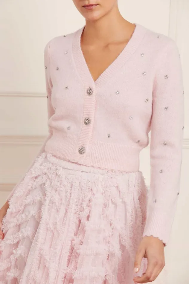 Women Knitwear Needle and Thread Embellished Crop Cardigan Pink