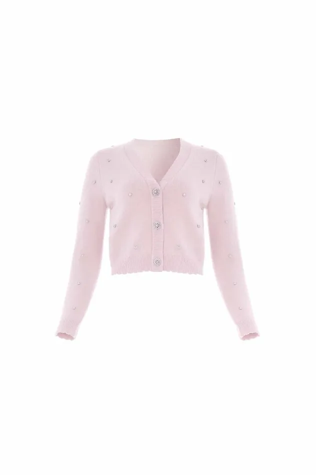 Women Knitwear Needle and Thread Embellished Crop Cardigan Pink
