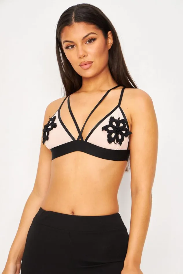 Women Lace Underwire Bra With Black Flowers Brentiny Paris Lingerie