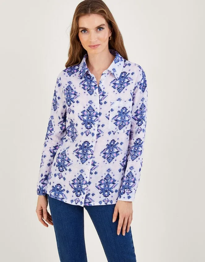 Women Laurie Ikat Button Through Linen Shirt Blue Monsoon Tops and Blouses