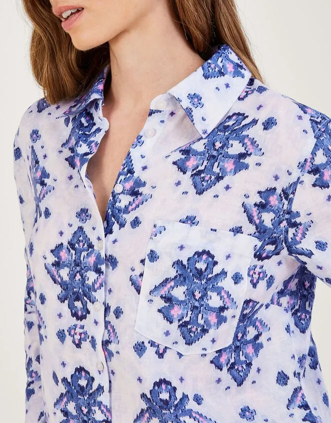 Women Laurie Ikat Button Through Linen Shirt Blue Monsoon Tops and Blouses