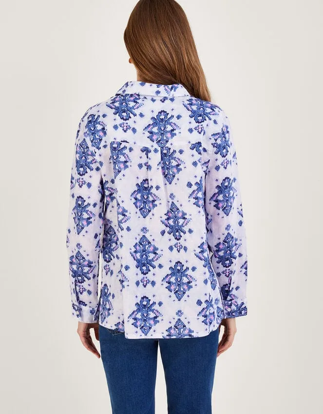 Women Laurie Ikat Button Through Linen Shirt Blue Monsoon Tops and Blouses