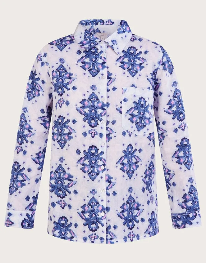 Women Laurie Ikat Button Through Linen Shirt Blue Monsoon Tops and Blouses