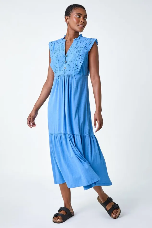 Women Light Blue Broderie Frilled Cotton Midi Dress Roman Dresses