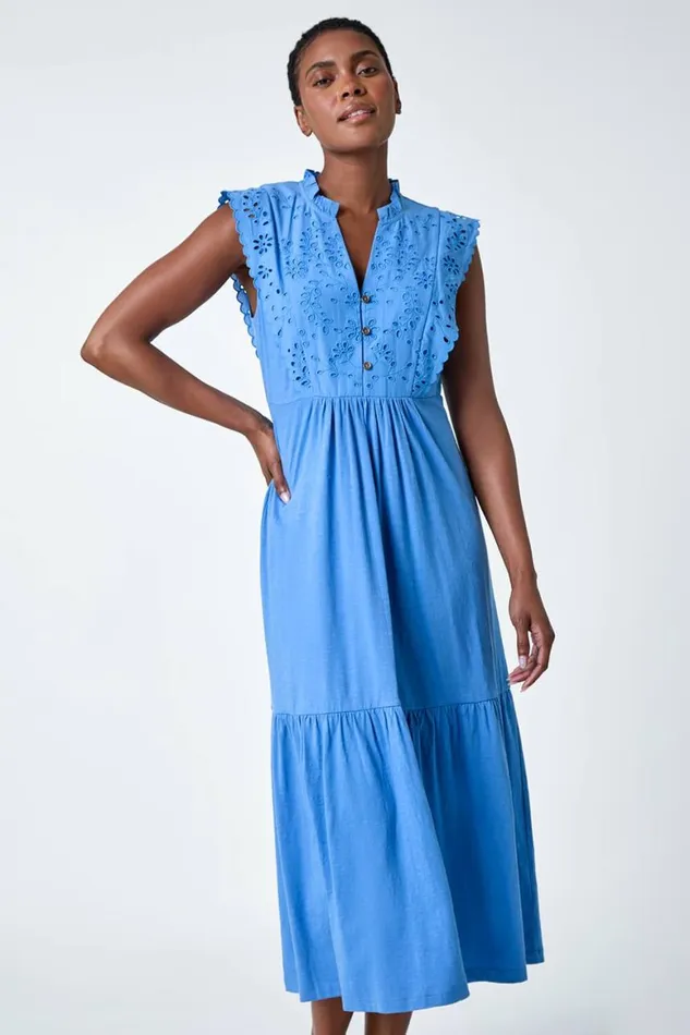 Women Light Blue Broderie Frilled Cotton Midi Dress Roman Dresses