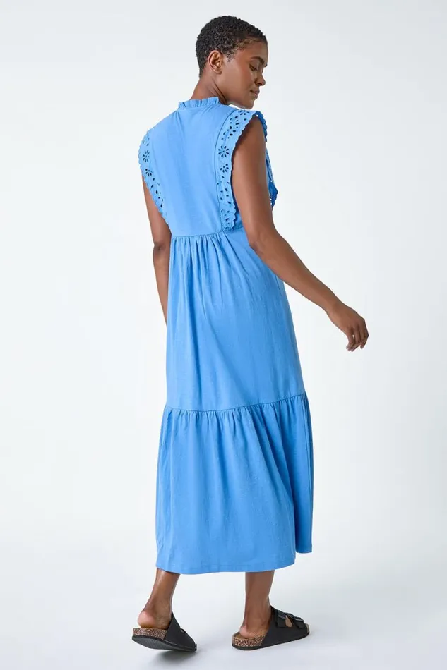 Women Light Blue Broderie Frilled Cotton Midi Dress Roman Dresses