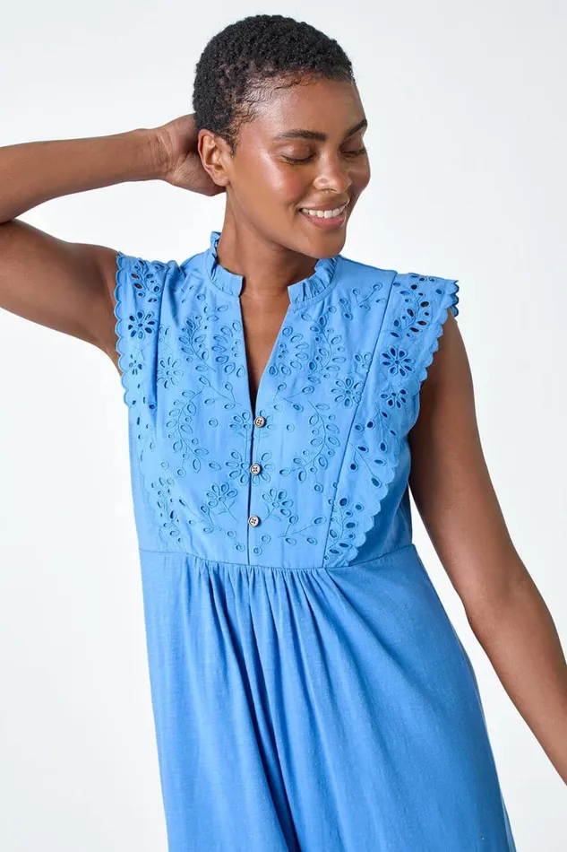 Women Light Blue Broderie Frilled Cotton Midi Dress Roman Dresses