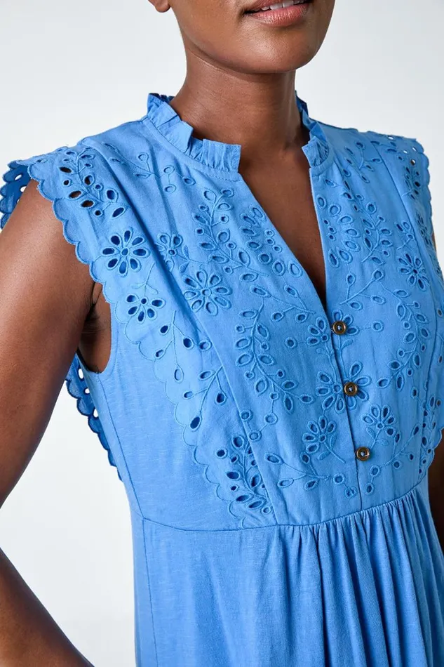 Women Light Blue Broderie Frilled Cotton Midi Dress Roman Dresses