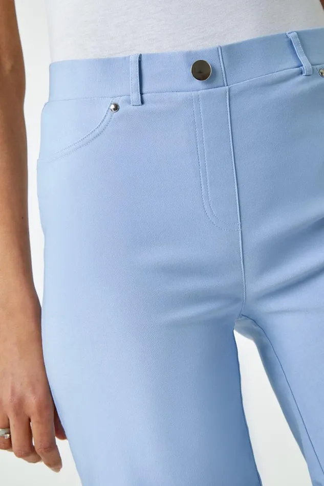 Women Light Blue Elastic Waist Turn Up Stretch Shorts Roman Coords