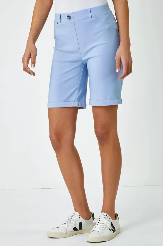 Women Light Blue Elastic Waist Turn Up Stretch Shorts Roman Coords