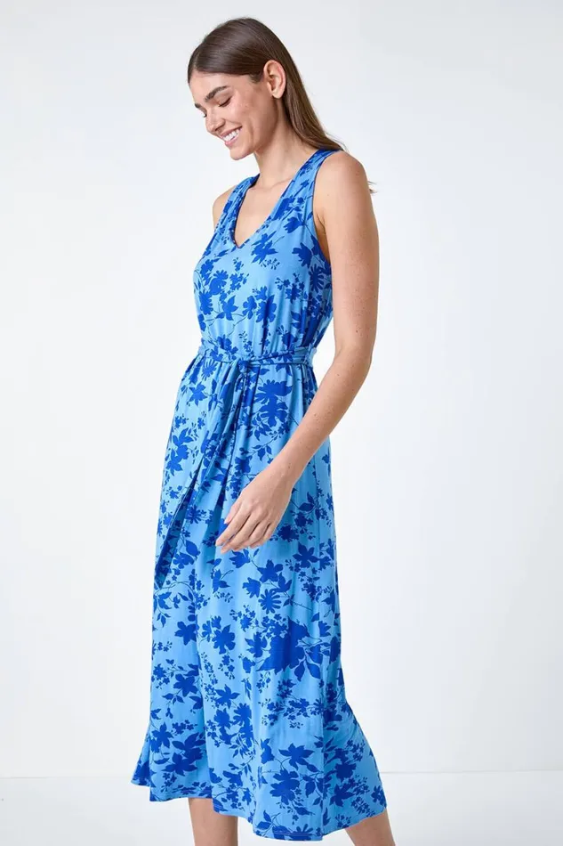 Women Light Blue Floral Tie Detail Stretch Midi Dress Roman Dresses
