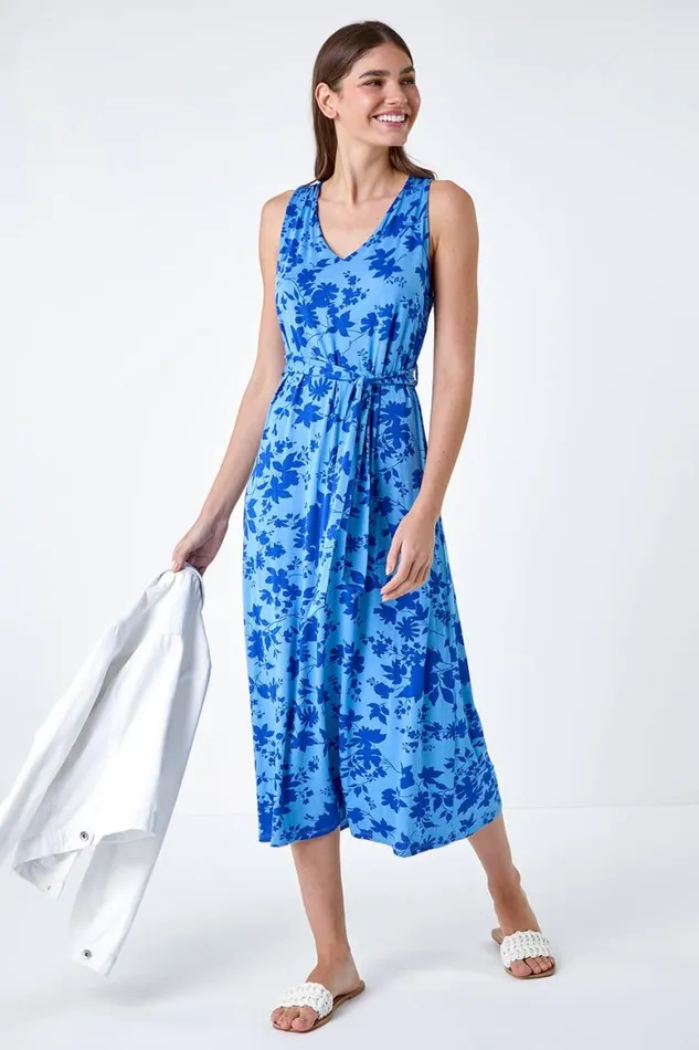 Women Light Blue Floral Tie Detail Stretch Midi Dress Roman Dresses
