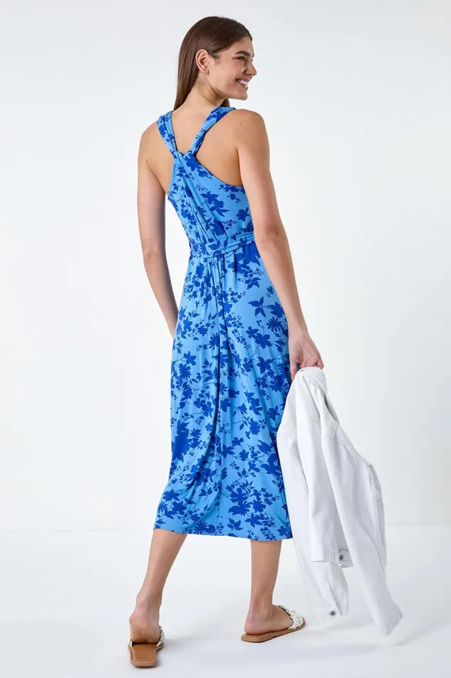 Women Light Blue Floral Tie Detail Stretch Midi Dress Roman Dresses