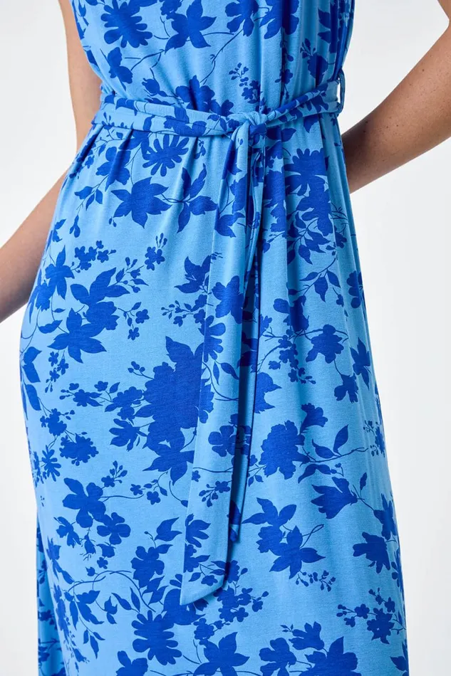 Women Light Blue Floral Tie Detail Stretch Midi Dress Roman Dresses