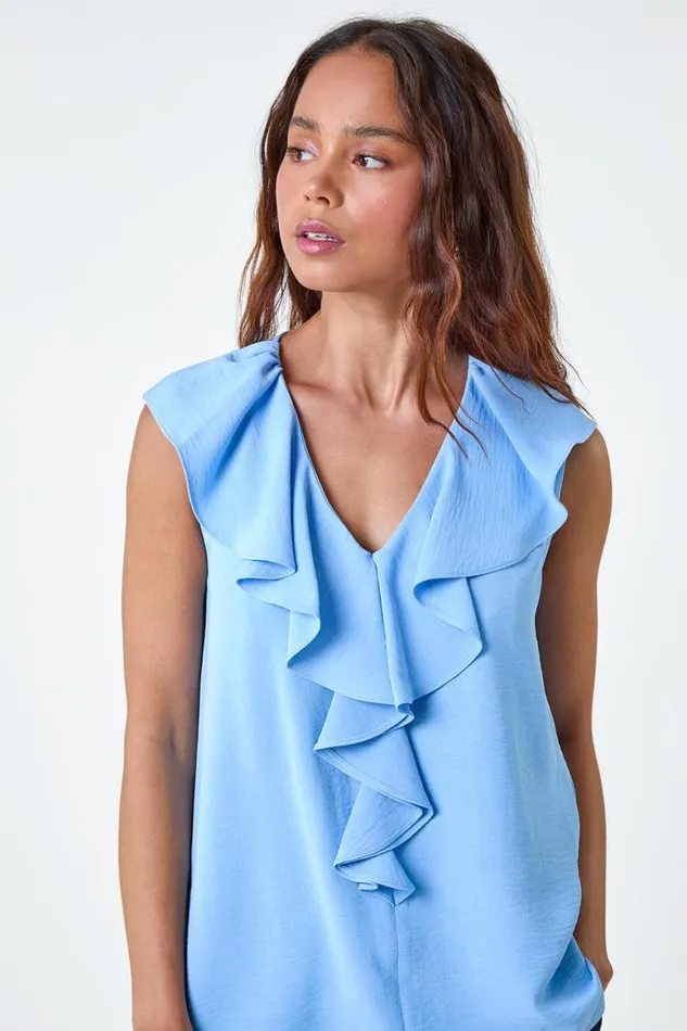 Women Light Blue Petite Frill Front Vest Top Roman Tops