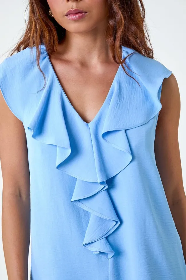 Women Light Blue Petite Frill Front Vest Top Roman Tops