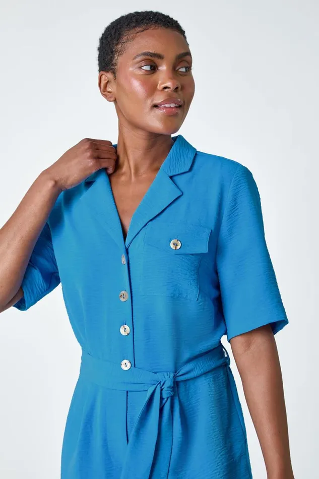 Women Light Blue Textured Tie Waist Playsuit Roman Dresses