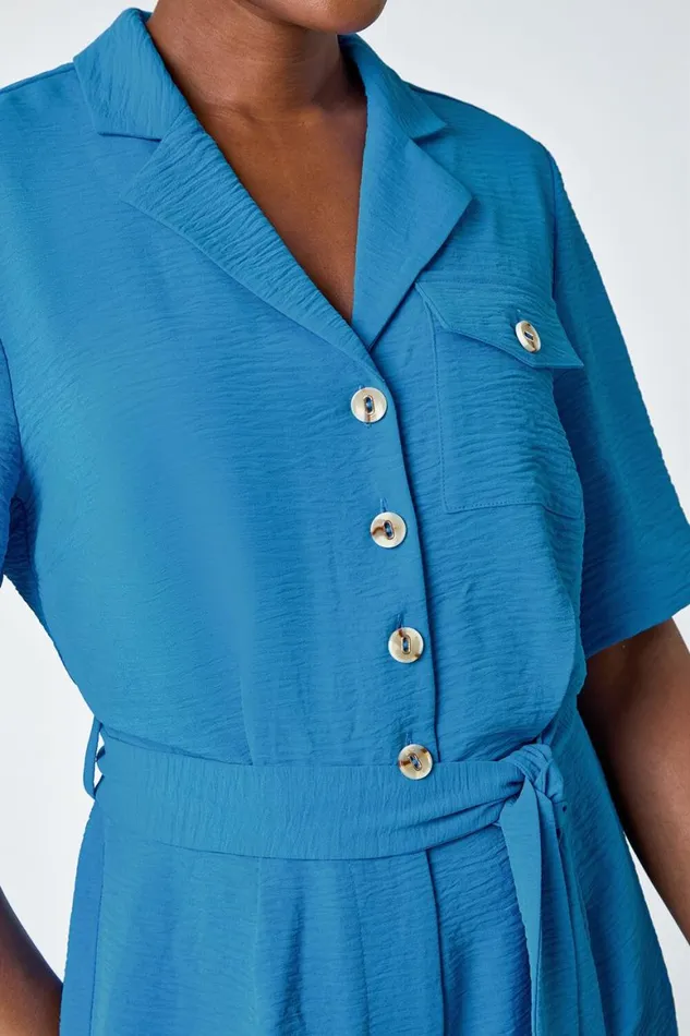 Women Light Blue Textured Tie Waist Playsuit Roman Dresses