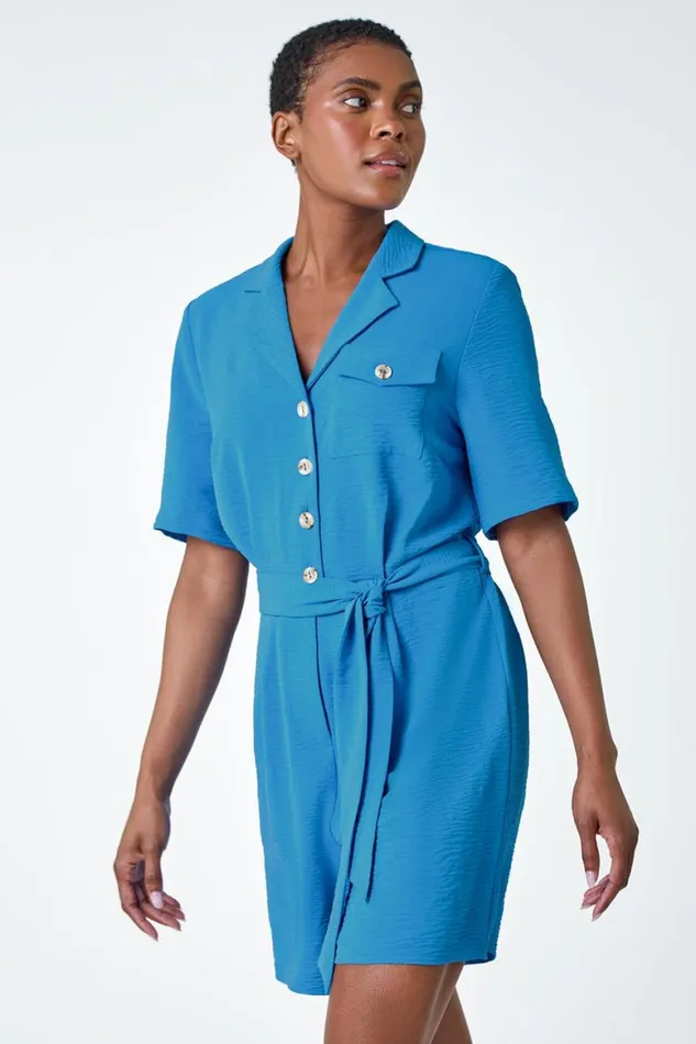 Women Light Blue Textured Tie Waist Playsuit Roman Dresses