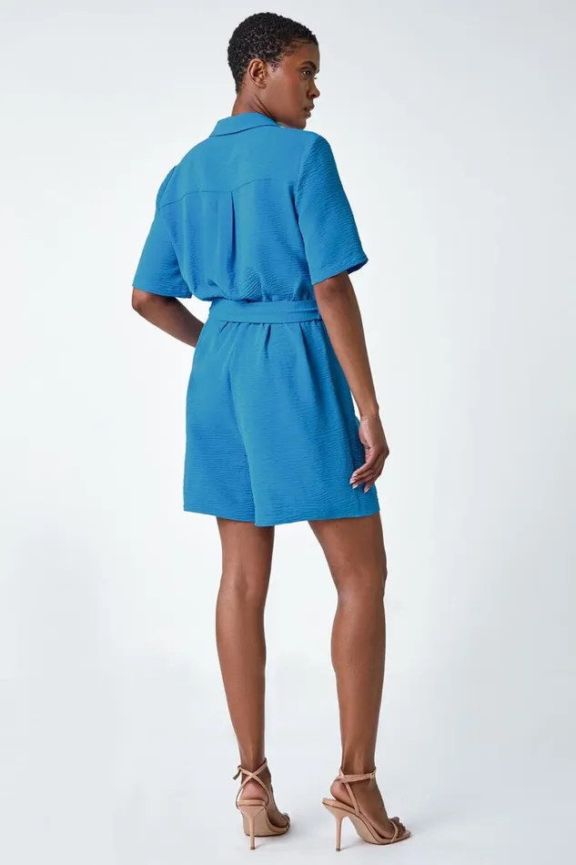 Women Light Blue Textured Tie Waist Playsuit Roman Dresses