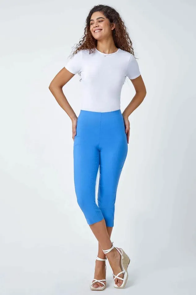 Women Light Denim Blue Elastic Waist Stretch Cropped Trousers Roman Trousers