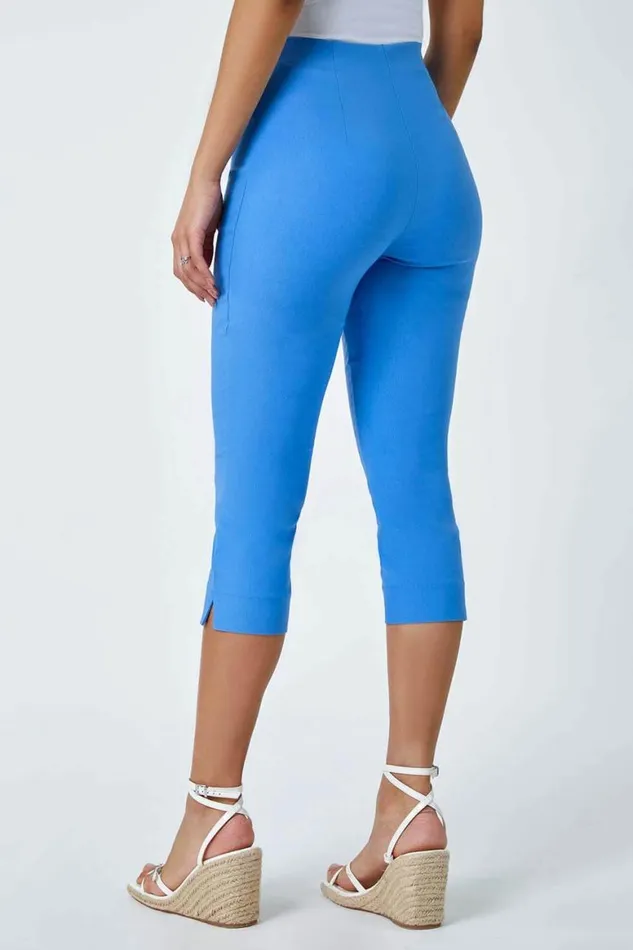Women Light Denim Blue Elastic Waist Stretch Cropped Trousers Roman Trousers