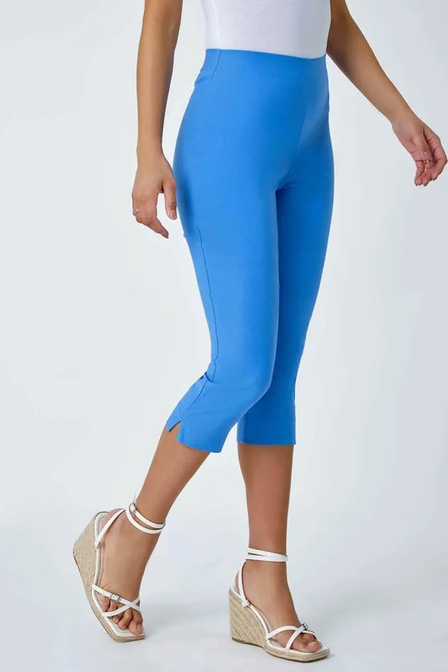 Women Light Denim Blue Elastic Waist Stretch Cropped Trousers Roman Trousers