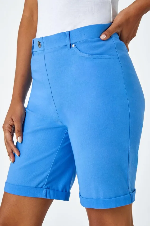 Women Light Denim Elastic Waist Turn Up Stretch Shorts Roman Trousers