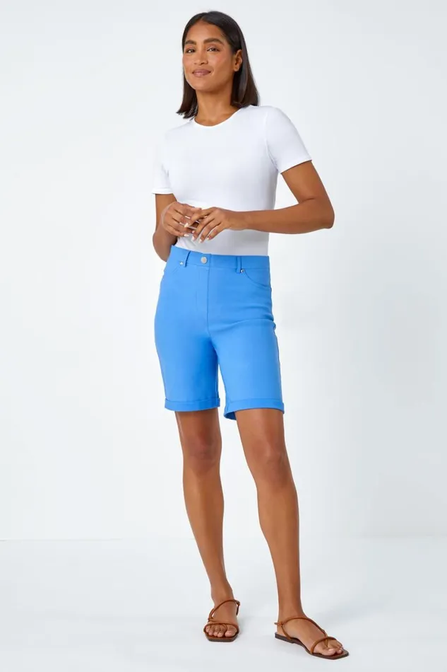 Women Light Denim Elastic Waist Turn Up Stretch Shorts Roman Trousers