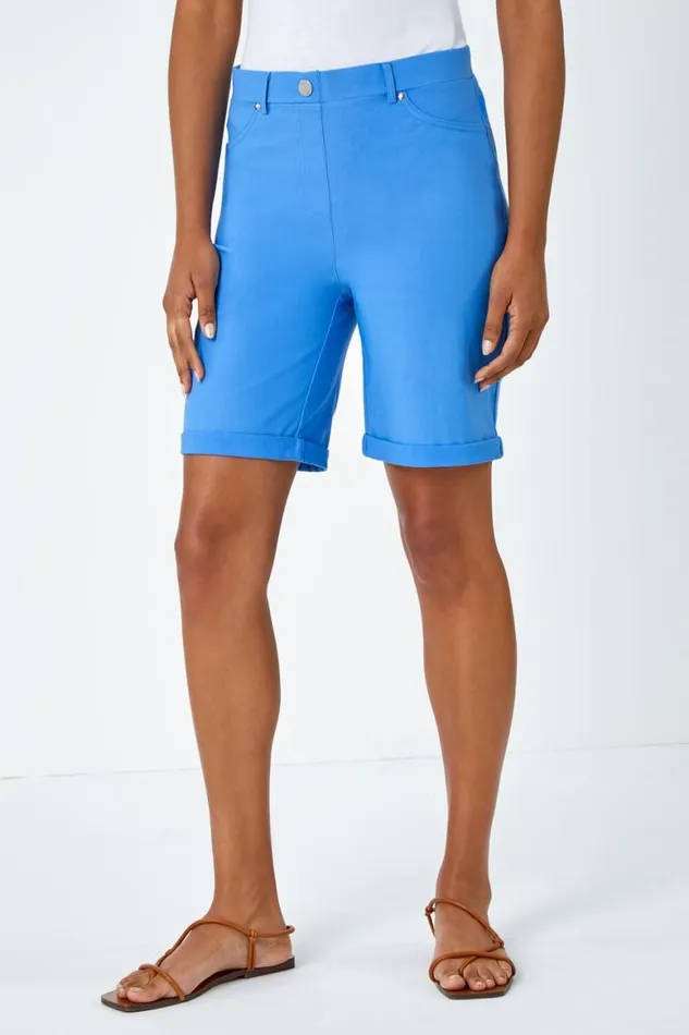 Women Light Denim Elastic Waist Turn Up Stretch Shorts Roman Trousers
