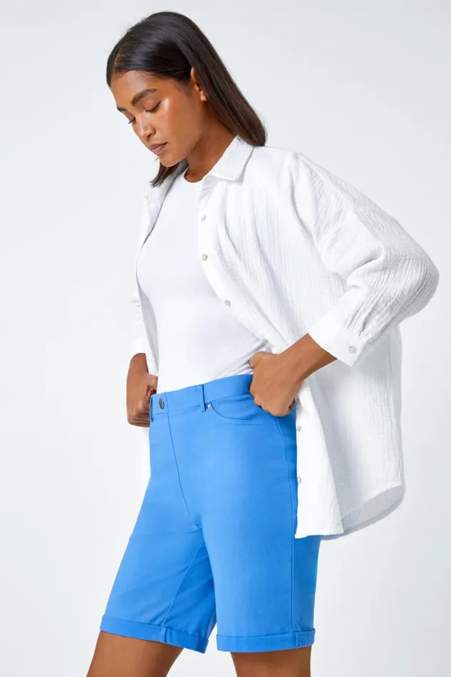 Women Light Denim Elastic Waist Turn Up Stretch Shorts Roman Trousers