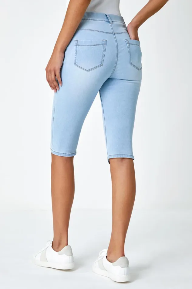 Women Light Denim Knee Length Elastic Waist Pedal Pusher Roman Coords