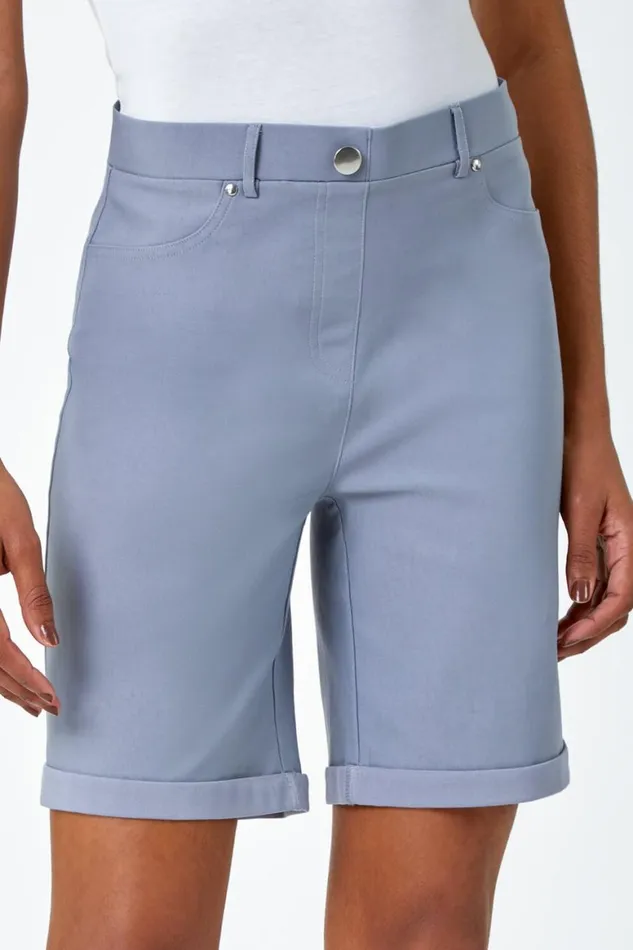 Women Light Grey Elastic Waist Turn Up Stretch Shorts Roman Shorts