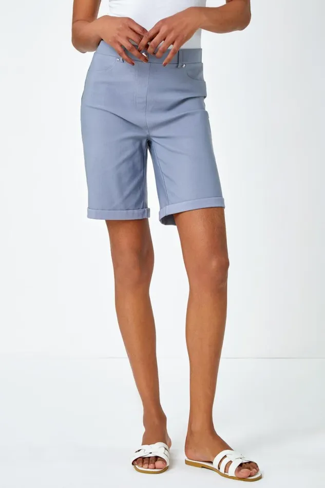 Women Light Grey Elastic Waist Turn Up Stretch Shorts Roman Shorts