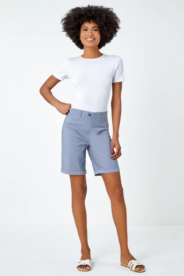 Women Light Grey Elastic Waist Turn Up Stretch Shorts Roman Shorts