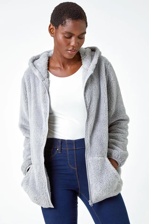 Women Light Grey Hooded Sherpa Fleece Jacket Roman Jackets