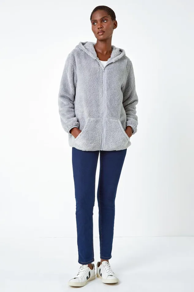 Women Light Grey Hooded Sherpa Fleece Jacket Roman Jackets