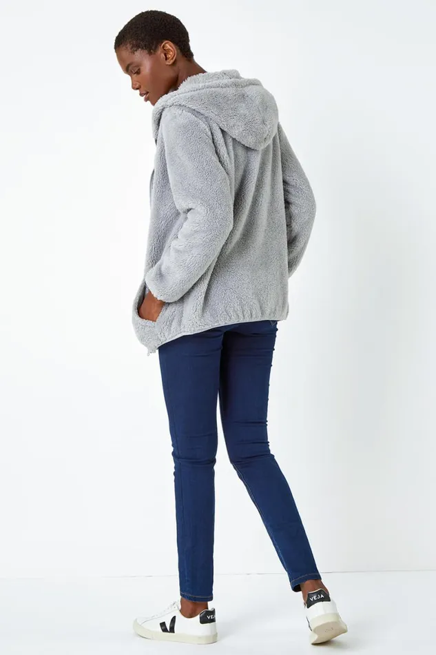 Women Light Grey Hooded Sherpa Fleece Jacket Roman Jackets