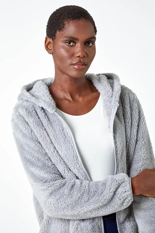 Women Light Grey Hooded Sherpa Fleece Jacket Roman Jackets